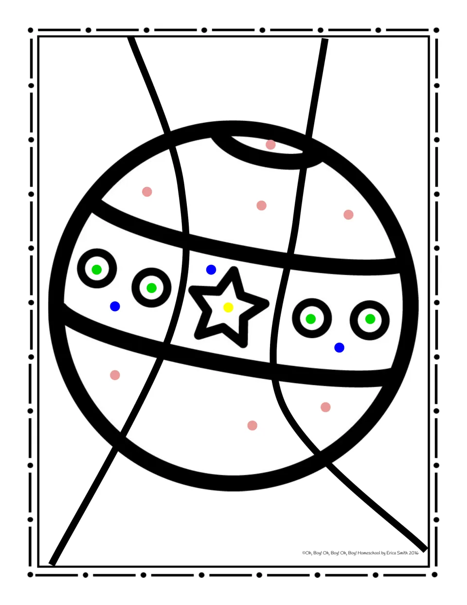 Ball coloring worksheet using pink and blue dots for sections, green dots for circles, and yellow for a star