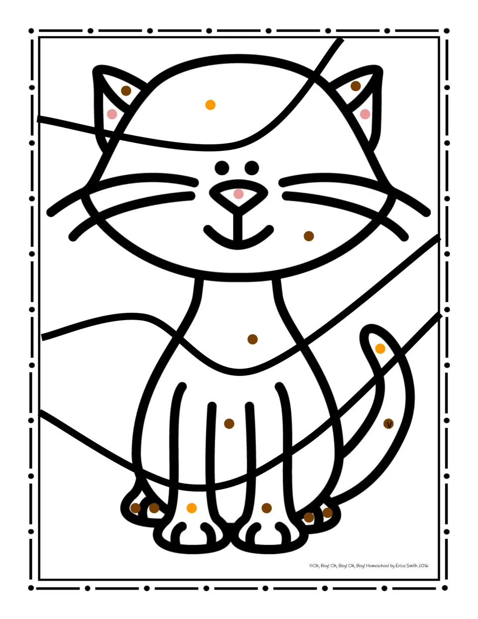 Cat coloring worksheet using brown and orange dots for fur sections and pink dots for the ears and nose