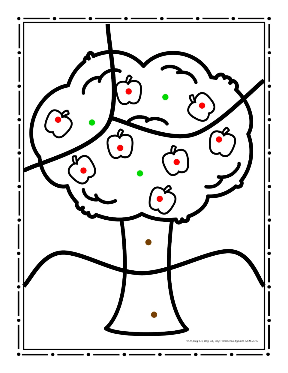 Apple tree coloring worksheet using red dots for apples, green dots for foliage, and brown dots for the trunk