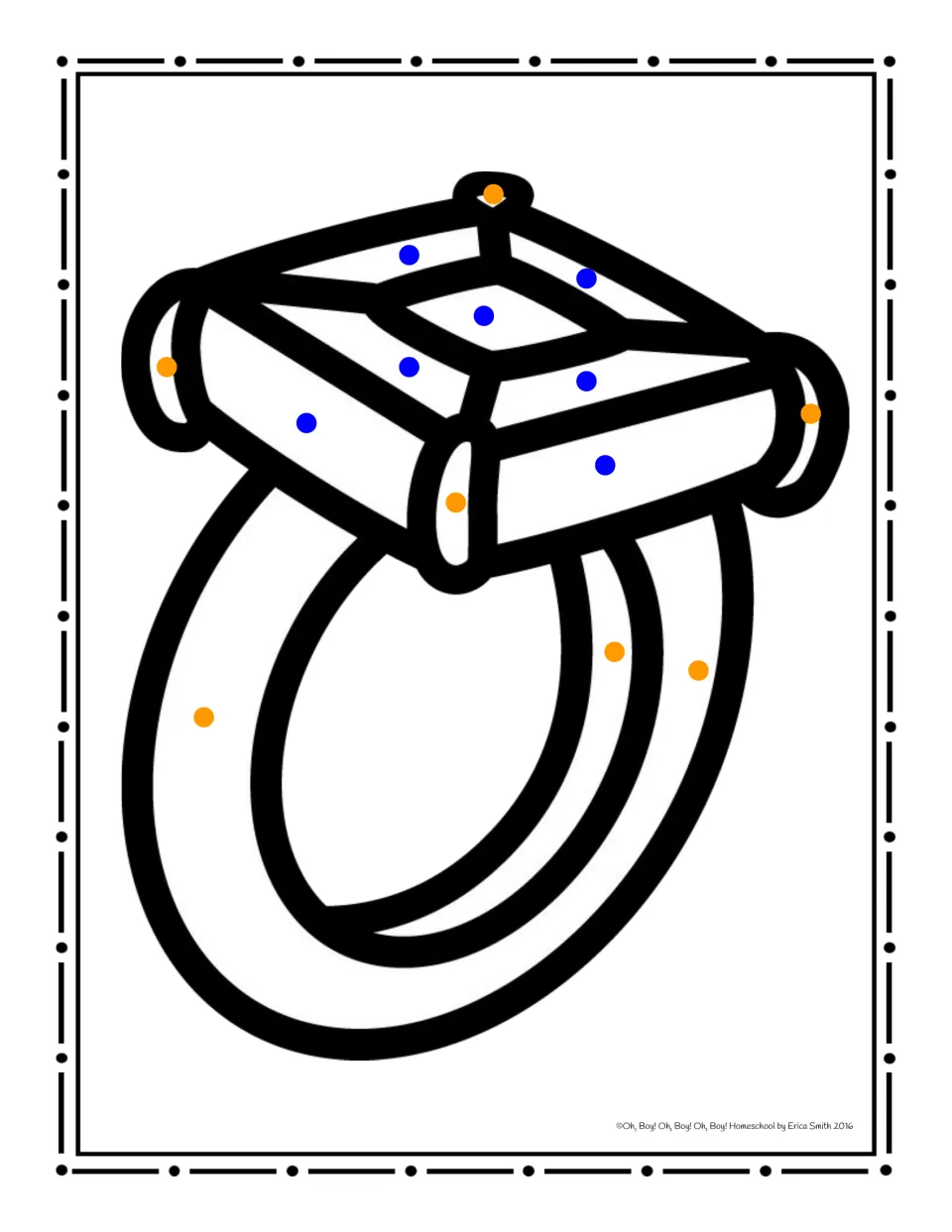 Ring coloring worksheet using blue dots for the gemstone sections and orange dots for the band and setting