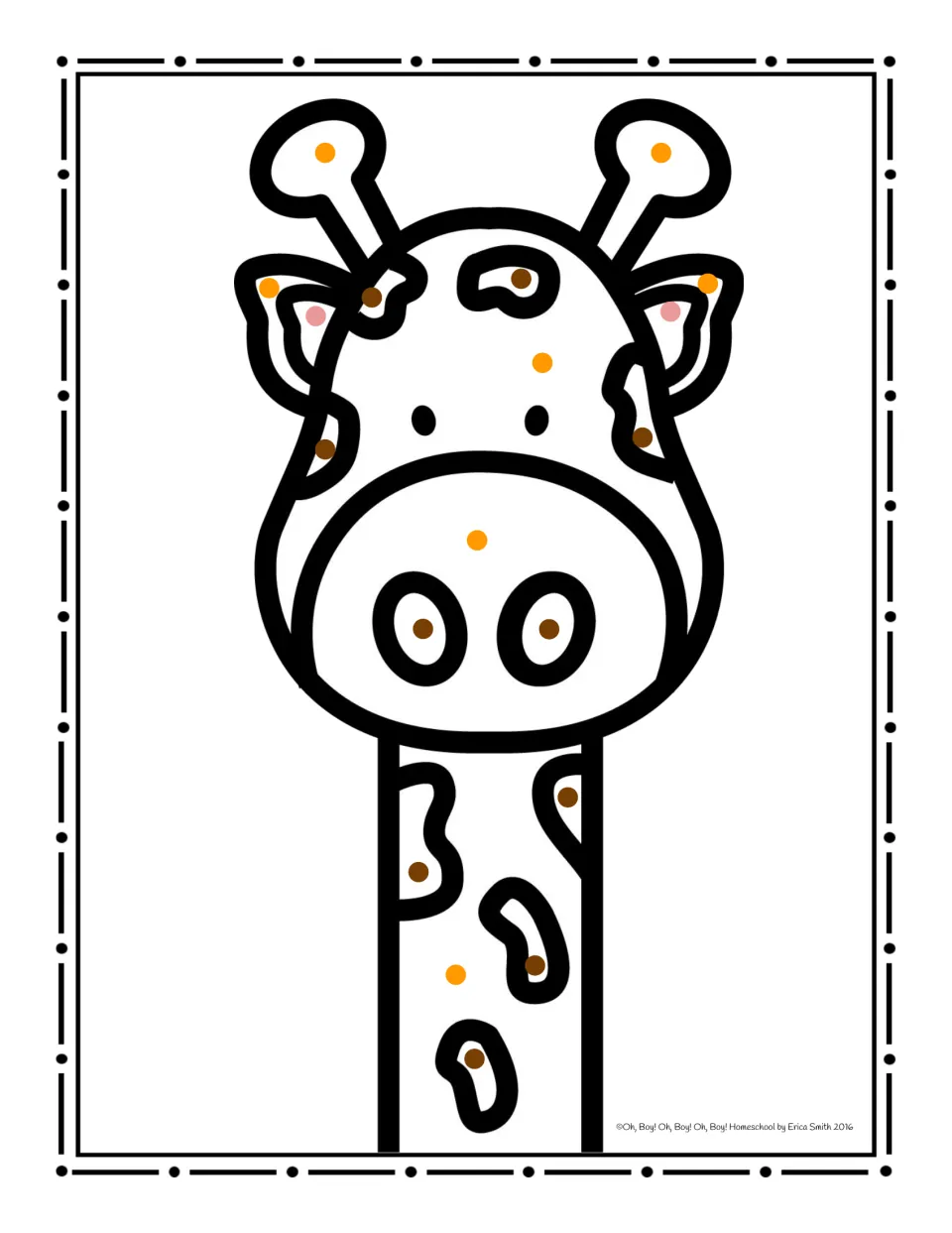 Giraffe coloring worksheet using orange dots for head and neck areas, brown for spots, and pink for inner ears