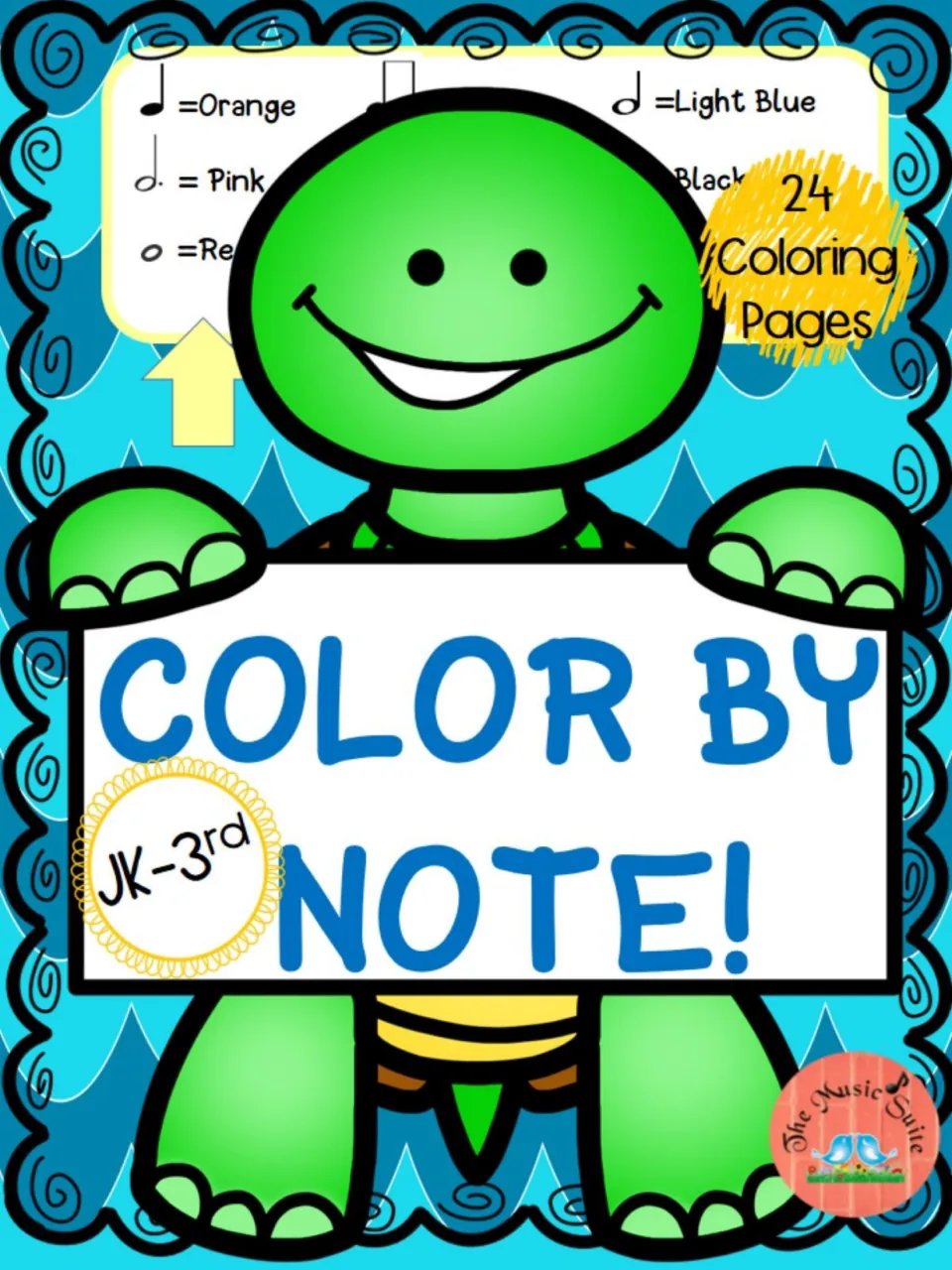 Cover of the color-by-note set showing a turtle and the text '24 Coloring Pages' and 'JK–3rd'.