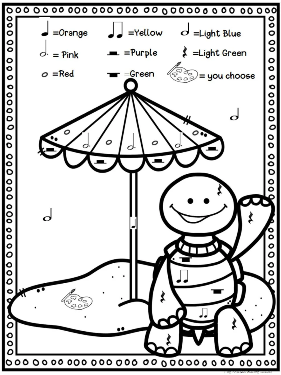 Color-by-note activity featuring a turtle under a beach umbrella, with notes and rests matched to colors.