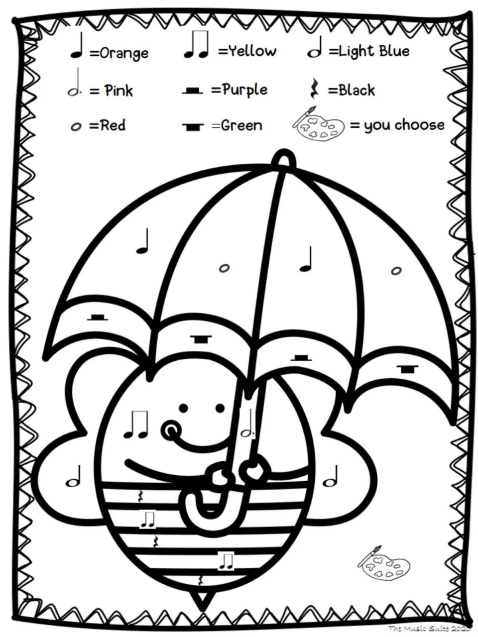 Color-by-note activity featuring a bee holding an umbrella, with a key assigning black to quarter rests.