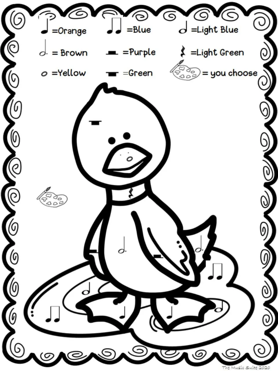 Color-by-note activity featuring a duck in a puddle, with blue for paired eighth notes and brown for dotted halves.
