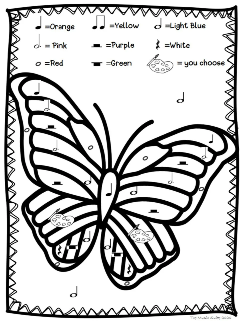 Color-by-note butterfly activity with notes and rests in its wings and palette symbols for student color choices.