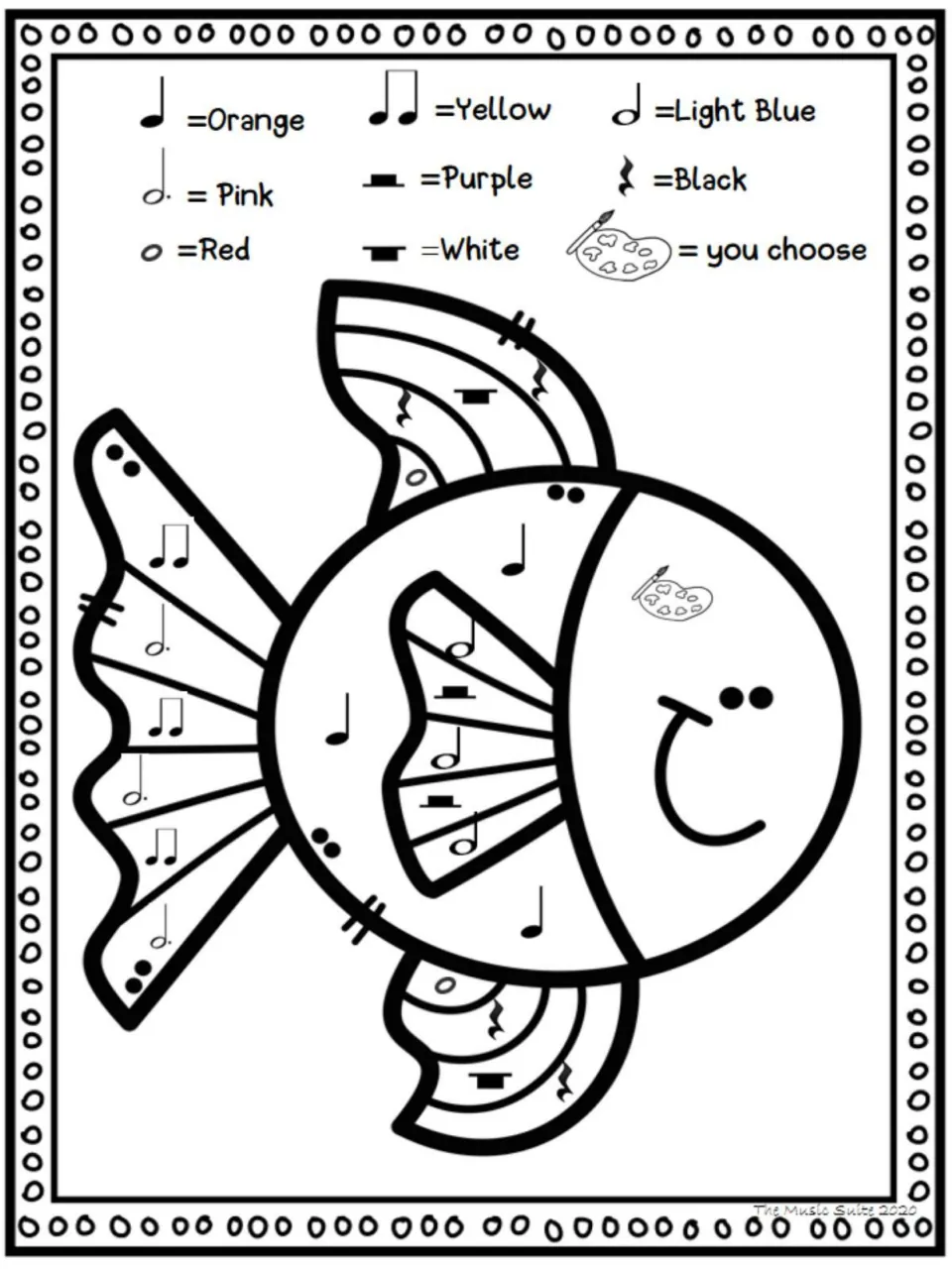 Color-by-note fish activity with musical symbols in its fins, tail, and body, plus a choose-your-color face.