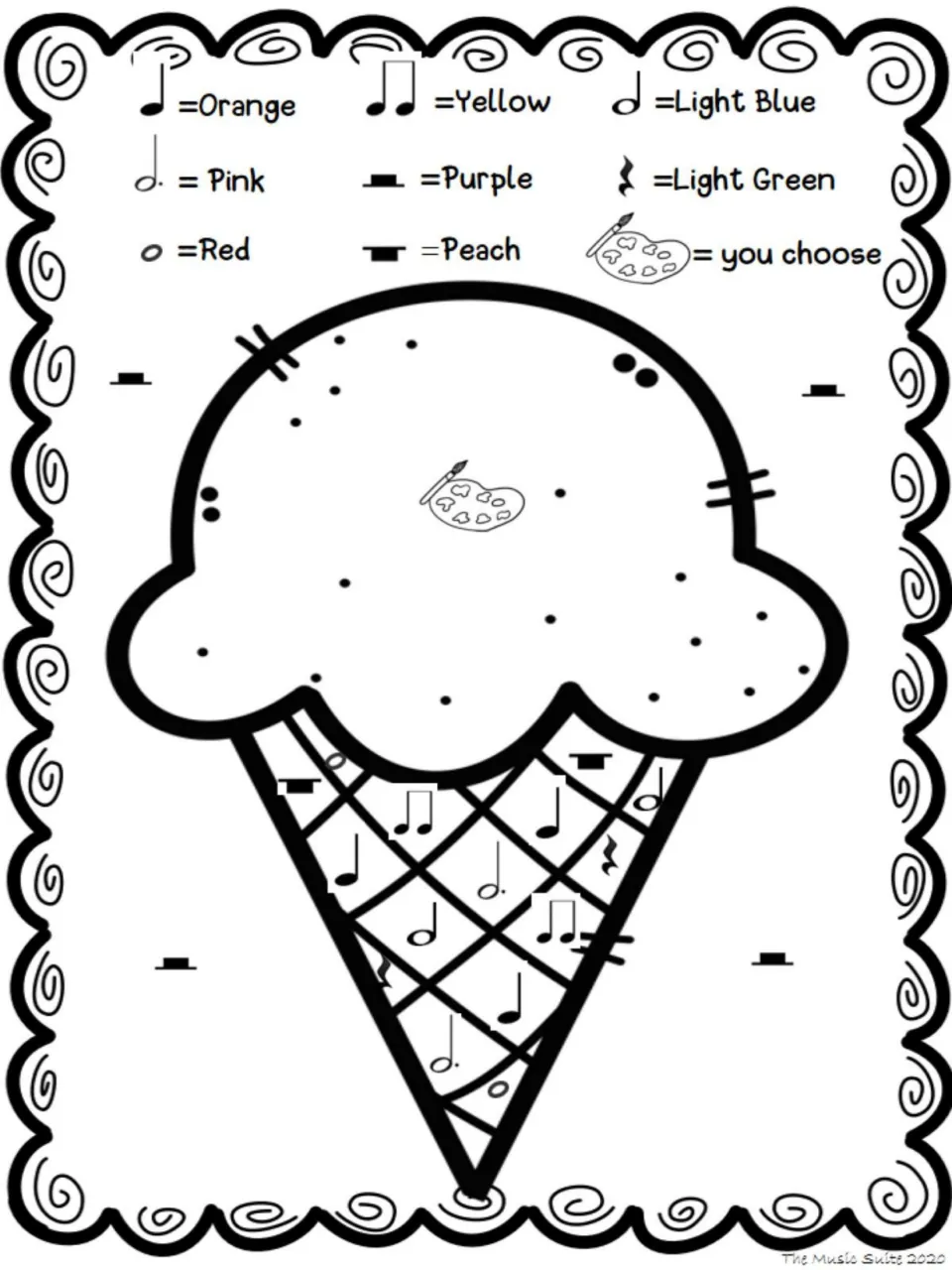 Color-by-note ice cream cone activity with musical symbols in the cone and a palette marking the scoop.