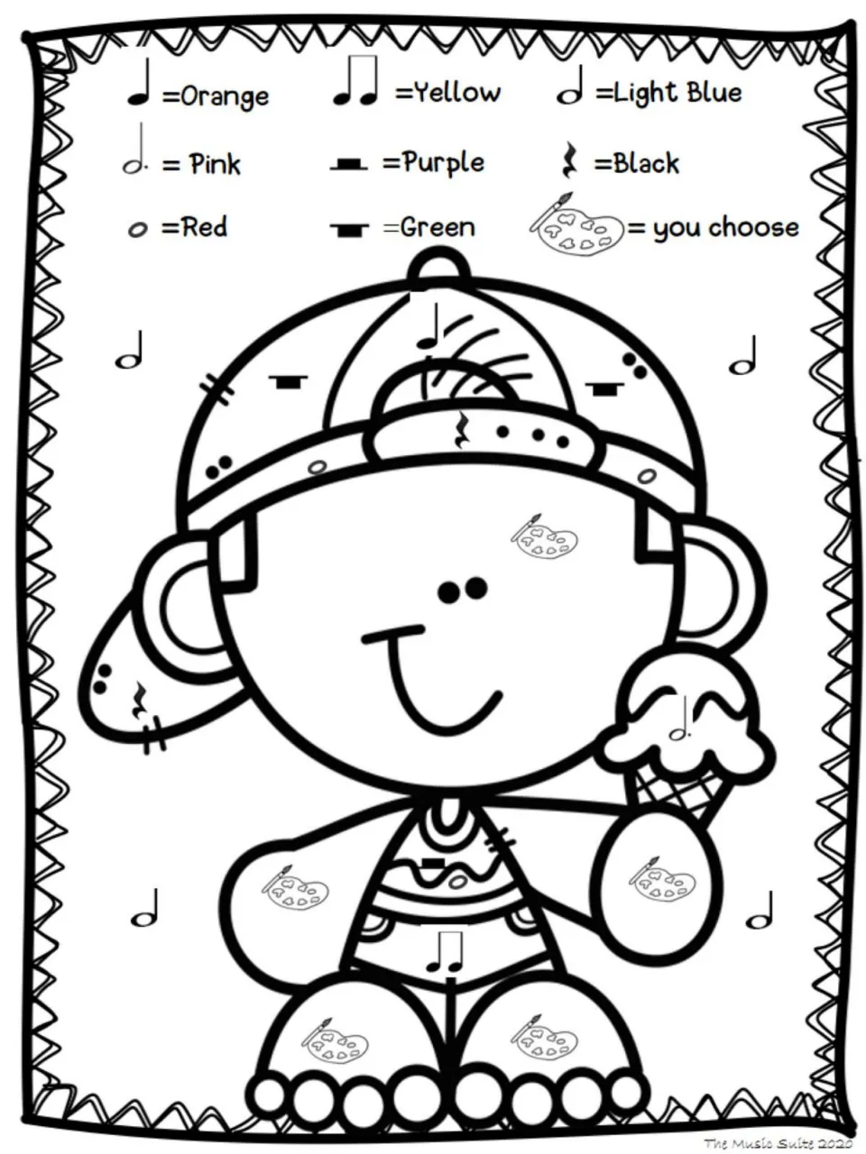 Color-by-note activity featuring a child in a backward cap holding ice cream, with symbols on the clothing.