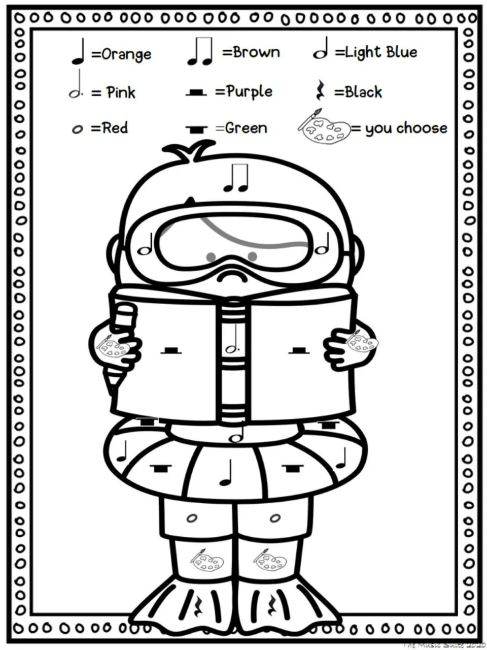 Color-by-note activity featuring a child reading a book while wearing swim goggles, flippers, and a swim ring.