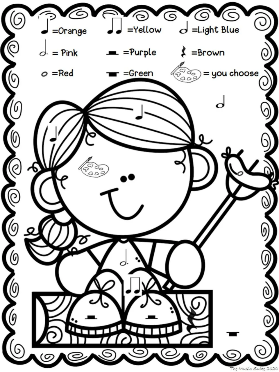 Color-by-note activity featuring a seated child holding a stick with a hot dog, with brown for quarter rests.
