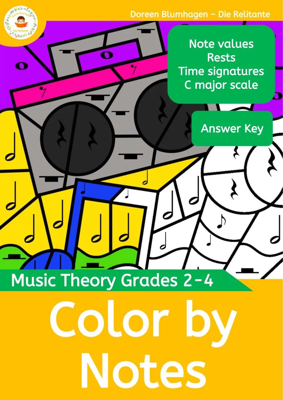 Color by Notes cover: music theory coloring on note values, rests, time signatures and the C major scale, with answer key