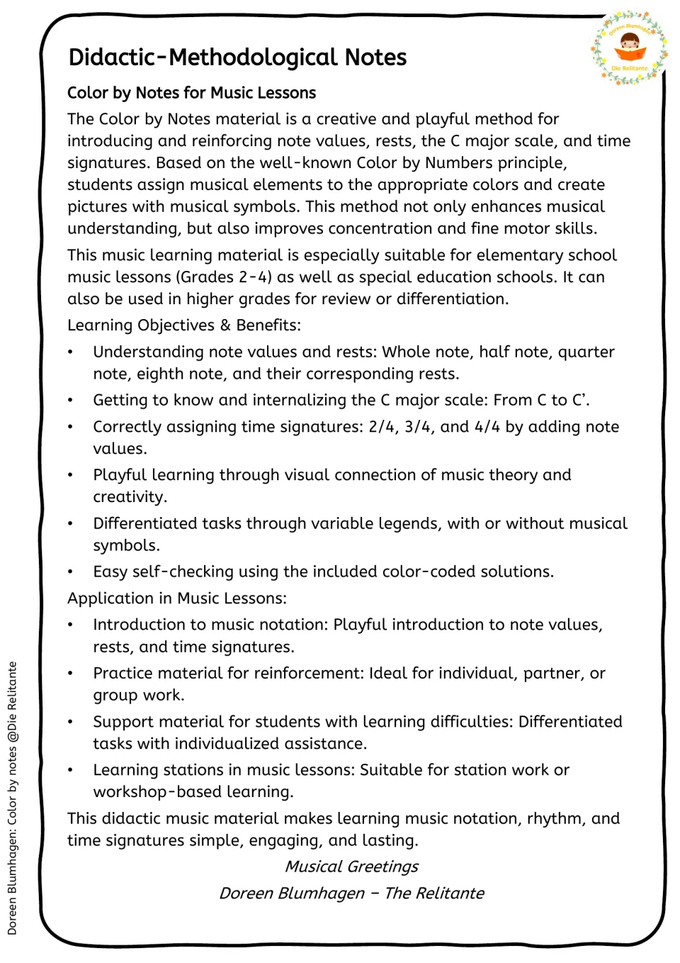 Didactic-methodological notes explaining how students match note values, rests, scale notes and time signatures to colors