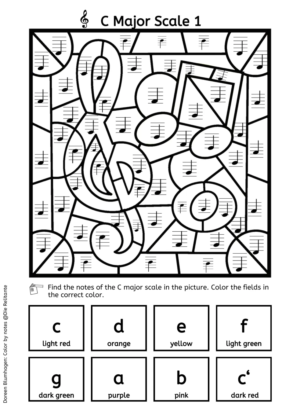 C Major Scale 1, letter-name version: students name each staff note and color it using a legend of letters and color words
