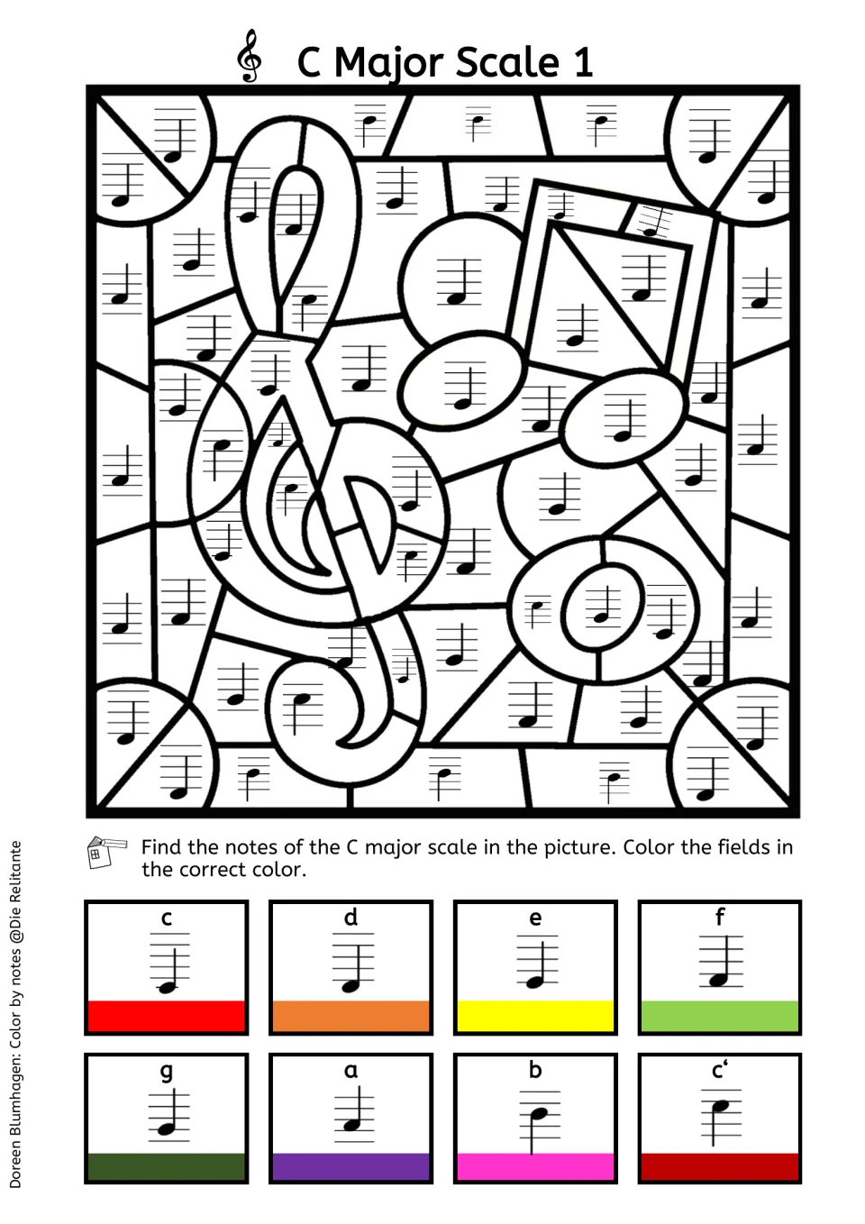 C Major Scale 1, color-swatch version: students match staff notes to a legend showing each note with a colored bar