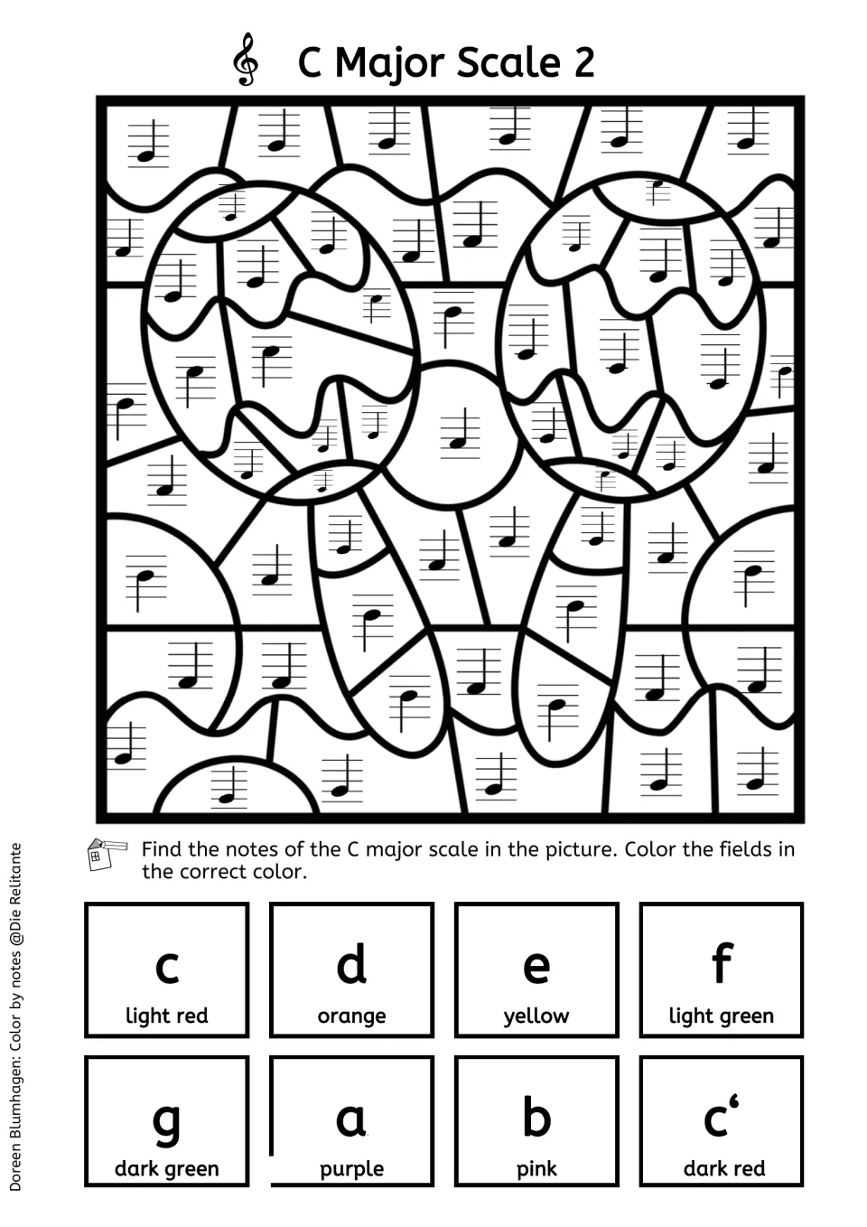 C Major Scale 2, letter-name version: students work out each staff note and color it using letters c to c' and color words