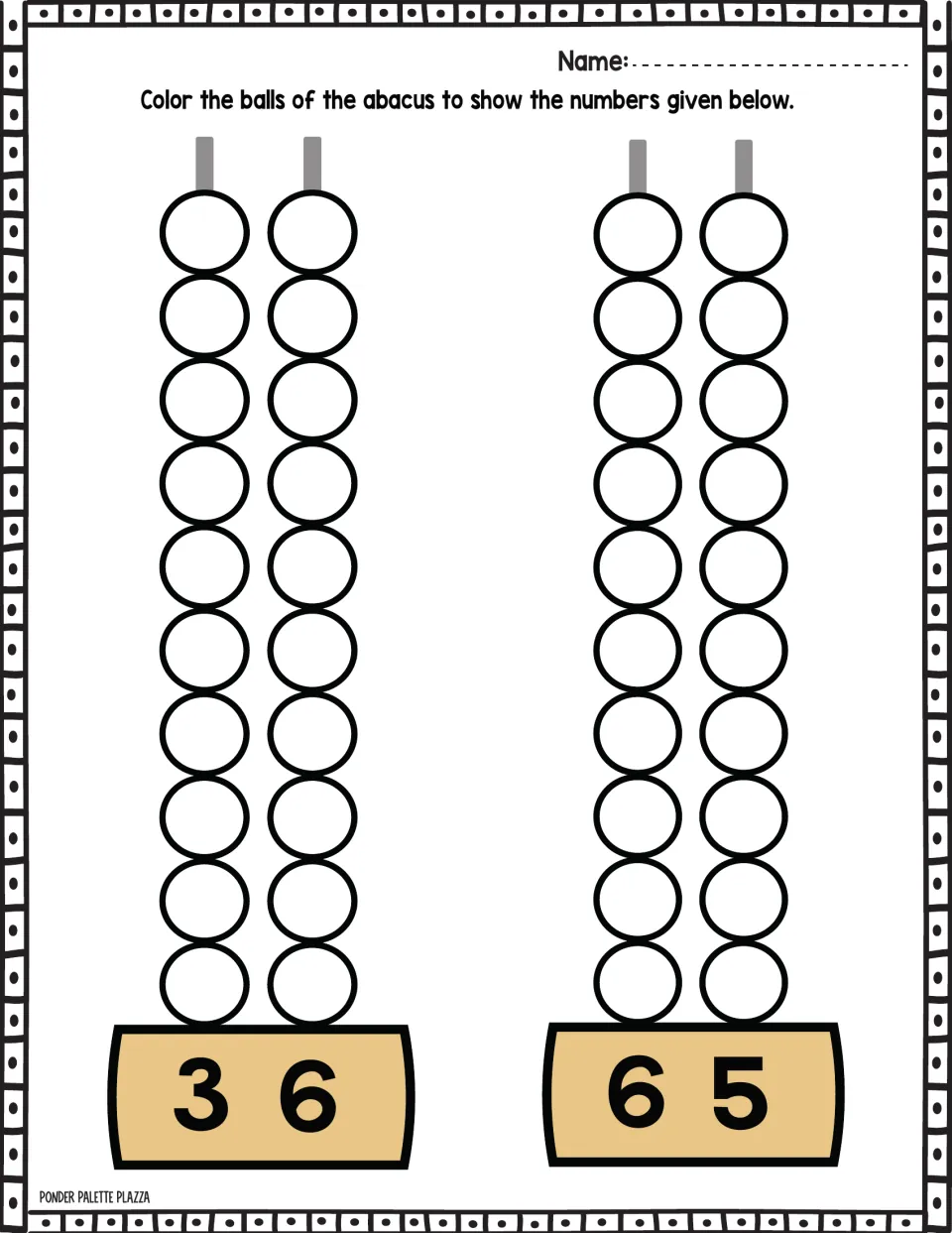 Abacus coloring practice for 36 and 65: color the beads to represent each number using tens and ones.