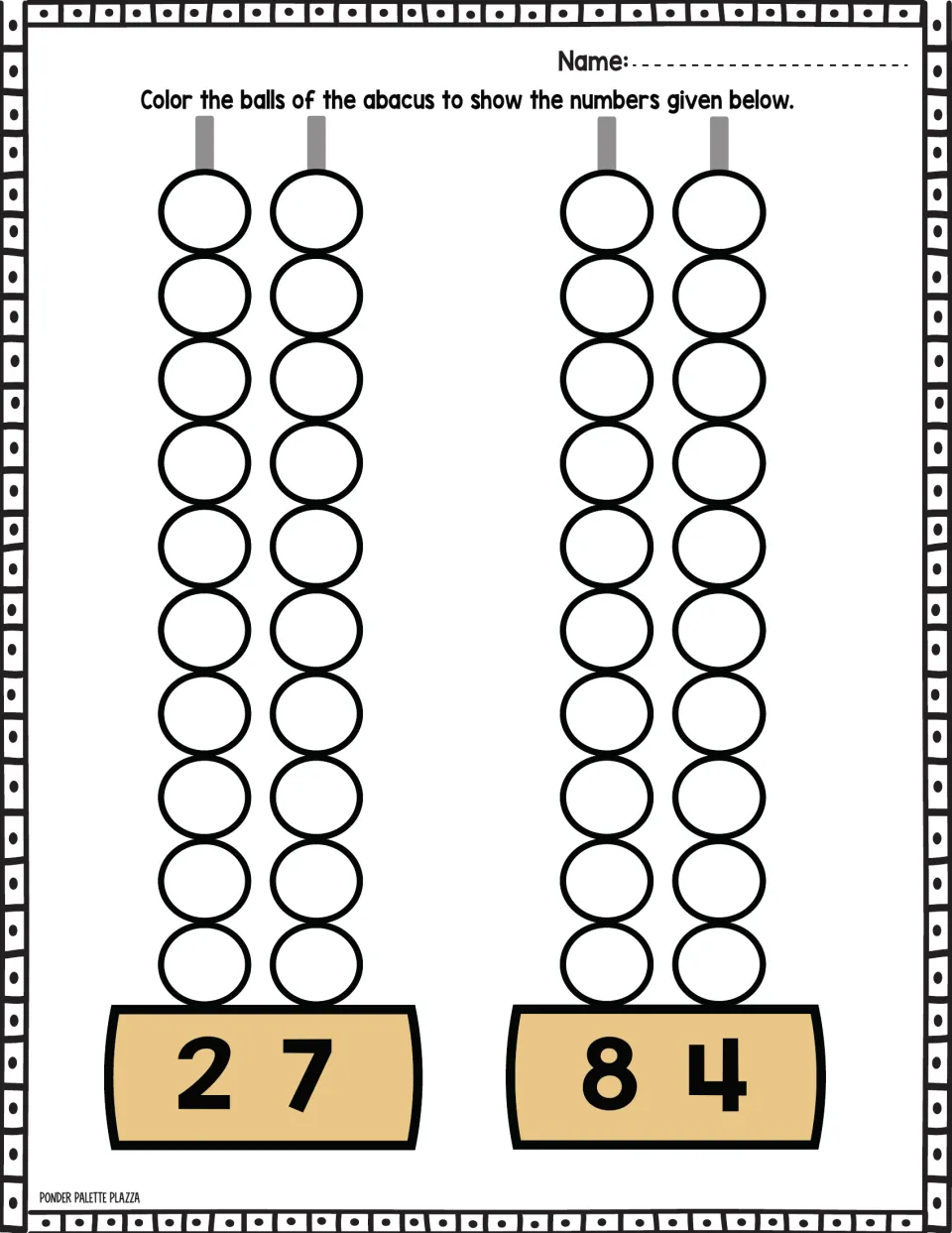 Abacus coloring practice for 27 and 84: color the beads to represent each number using tens and ones.