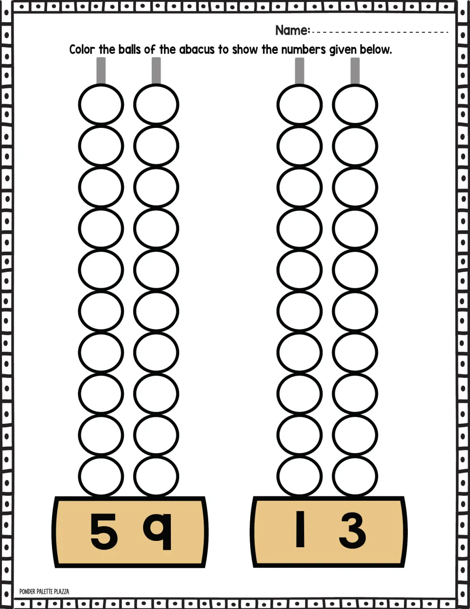 Abacus coloring practice for 59 and 13: color the beads to represent each number using tens and ones.