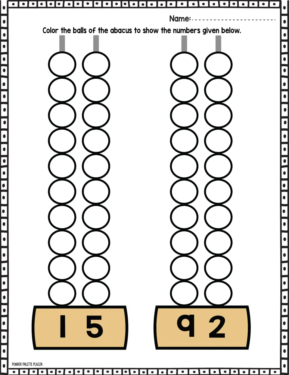 Abacus coloring practice for 15 and 92: color the beads to represent each number using tens and ones.