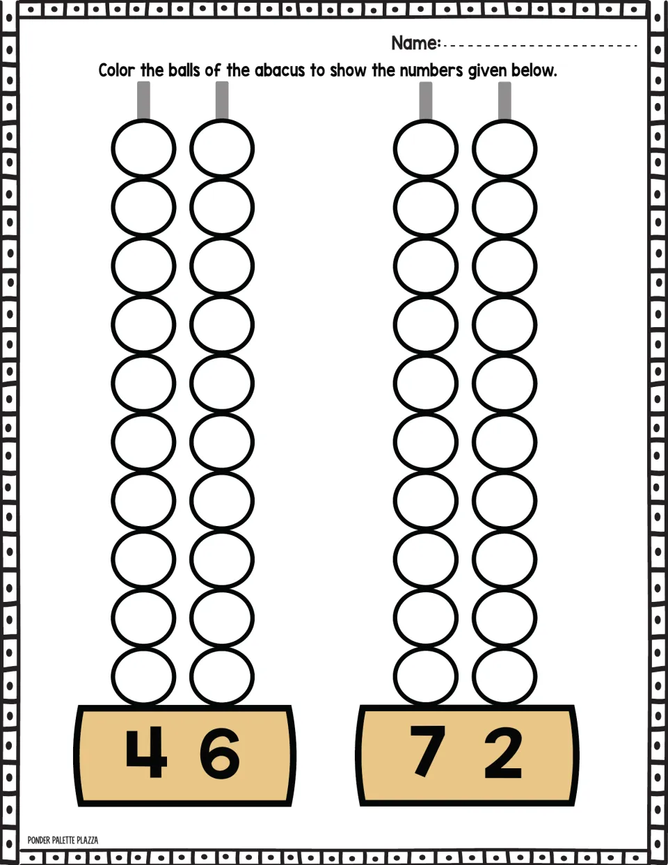 Abacus coloring practice for 46 and 72: color the beads to represent each number using tens and ones.