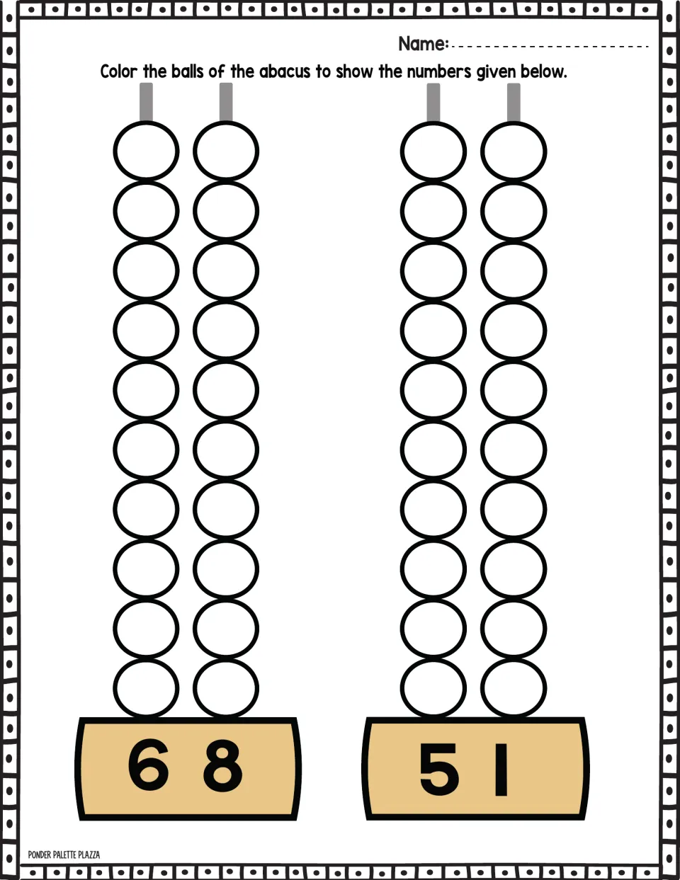 Abacus coloring practice for 68 and 51: color the beads to represent each number using tens and ones.