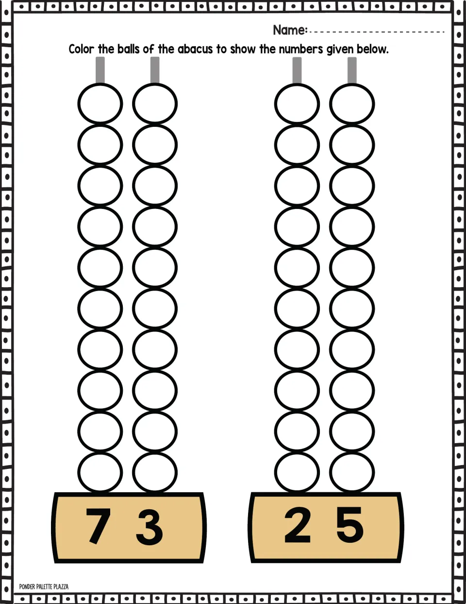 Abacus coloring practice for 73 and 25: color the beads to represent each number using tens and ones.