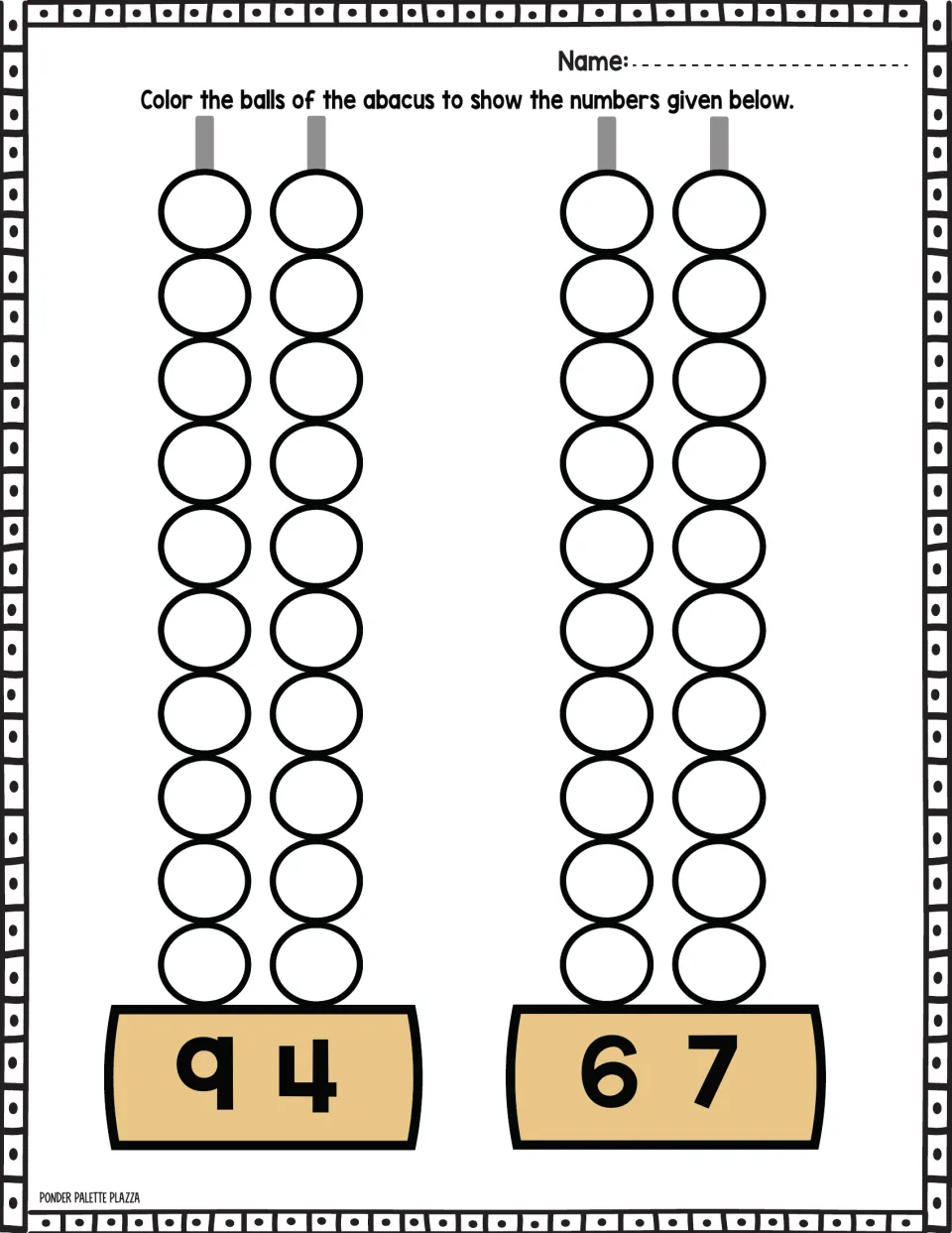 Abacus coloring practice for 94 and 67: color the beads to represent each number using tens and ones.