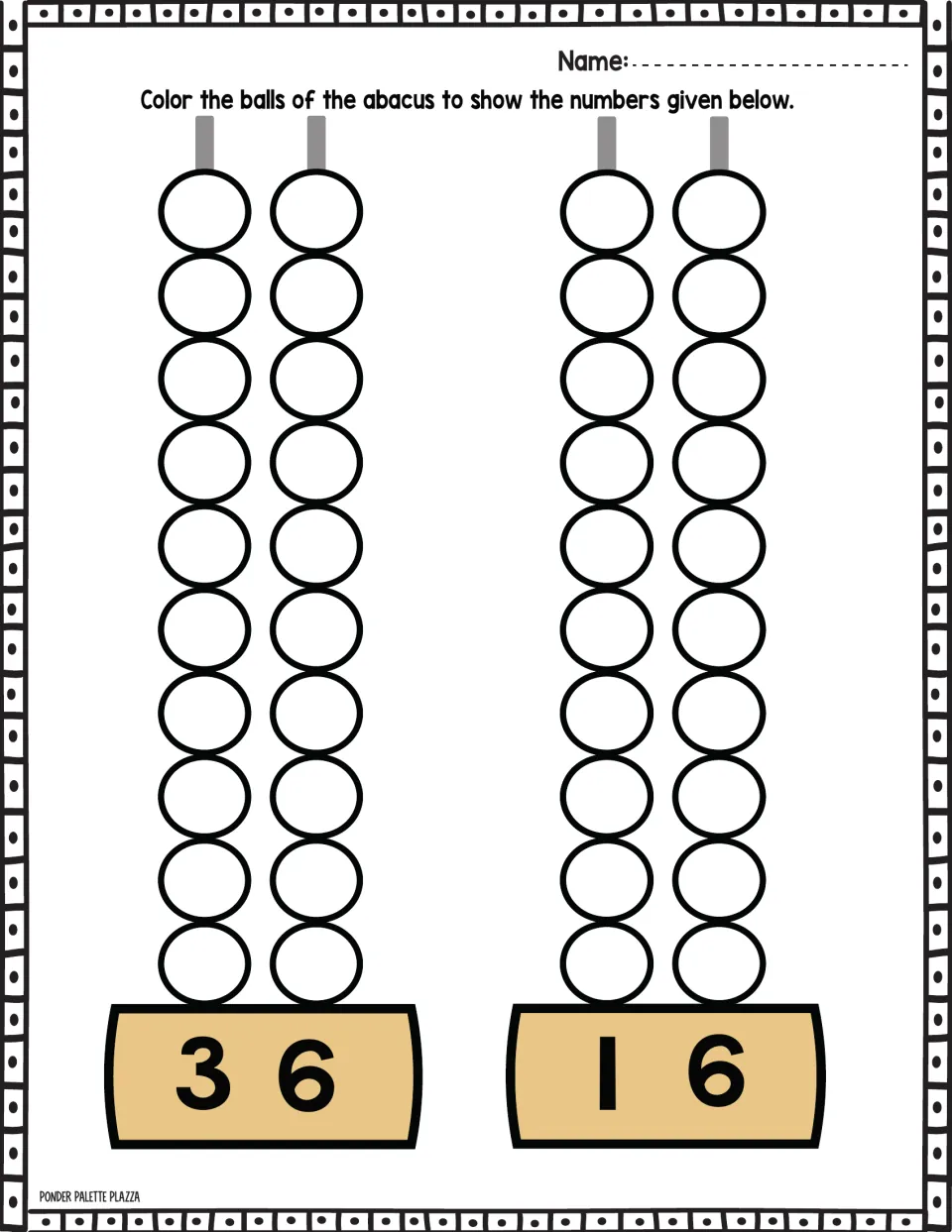 Abacus coloring practice for 36 and 16: color the beads to represent each number using tens and ones.