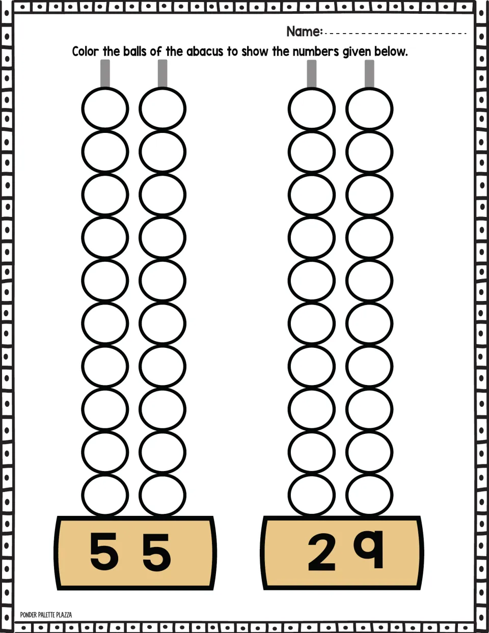 Abacus coloring practice for 55 and 29: color the beads to represent each number using tens and ones.