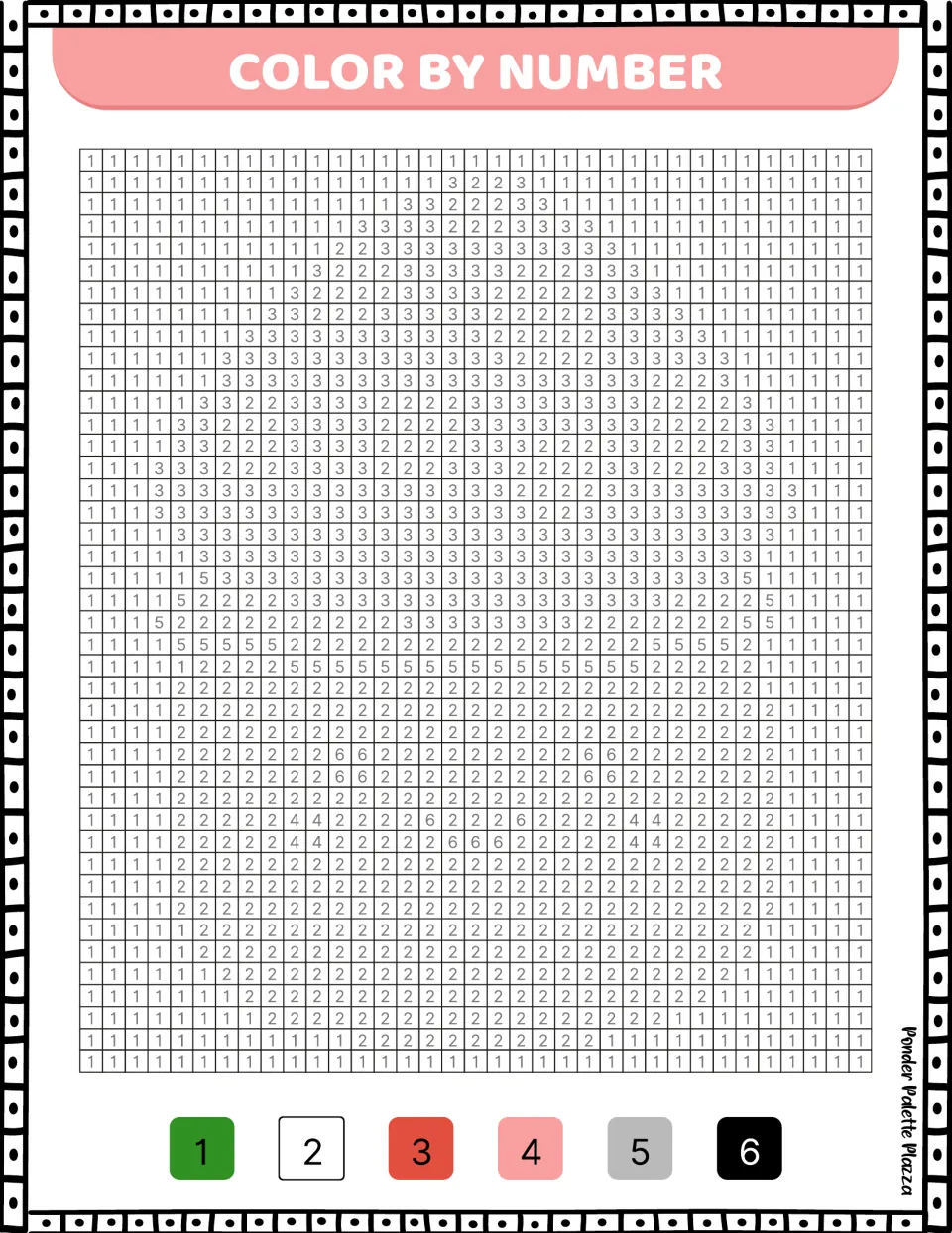 Amanita mushroom color-by-number activity using 1 green, 2 white, 3 red, 4 pink, 5 gray, and 6 black.