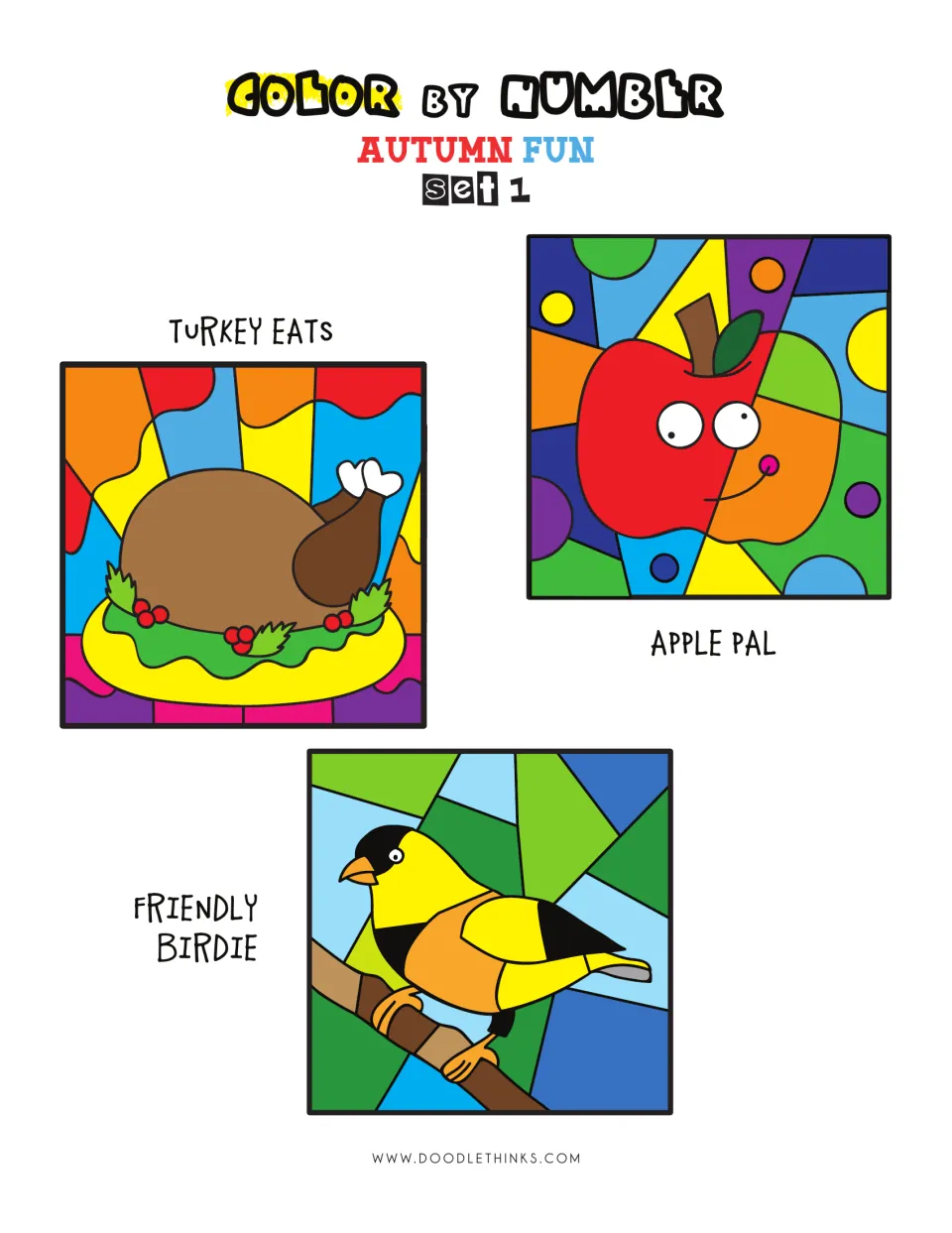 Color by Number Autumn Fun Set 1 cover showing finished Turkey Eats, Apple Pal and Friendly Birdie pictures in bright colors
