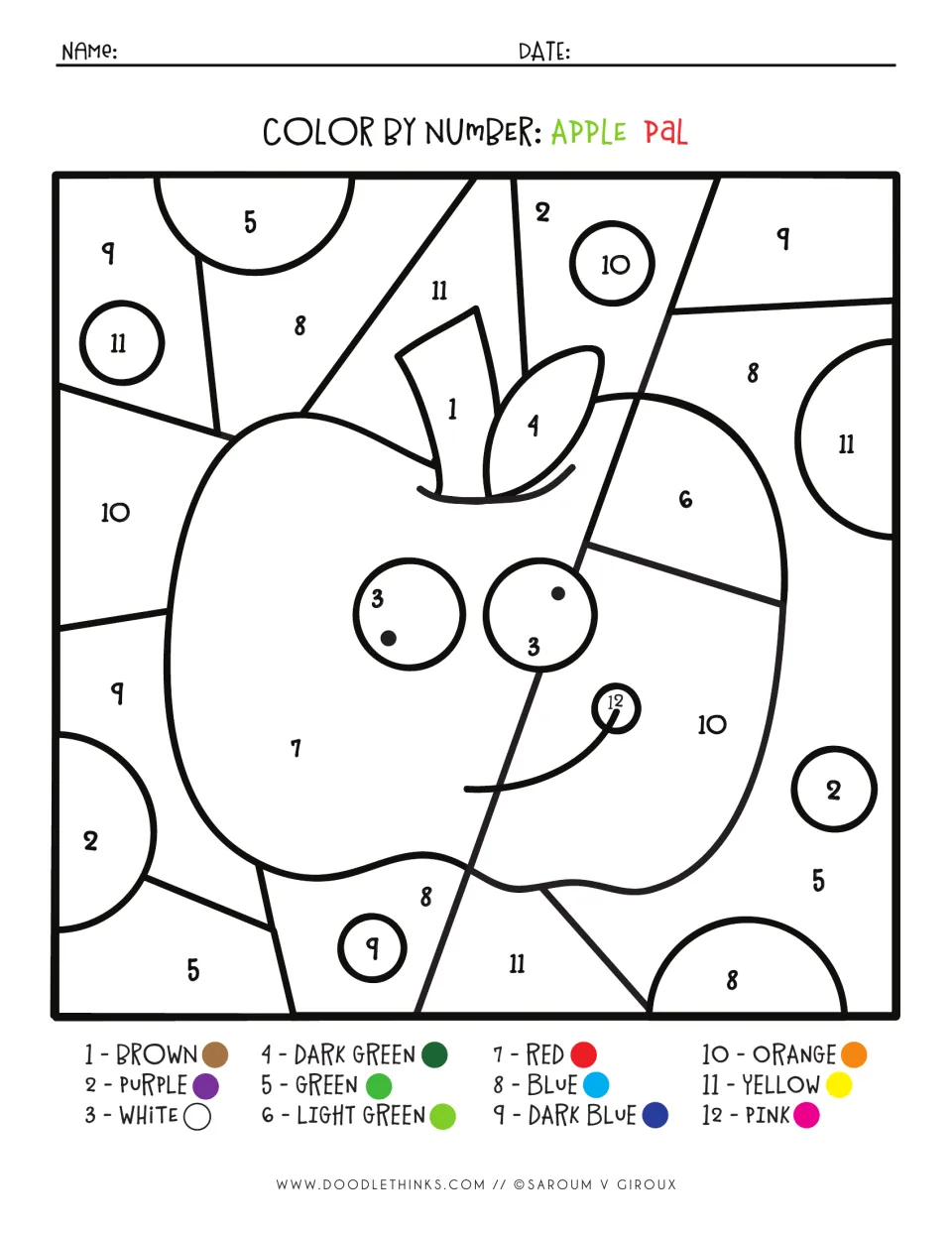 Apple Pal: students color a smiling apple with googly eyes by matching numbers 1 to 12 in each section to the color key