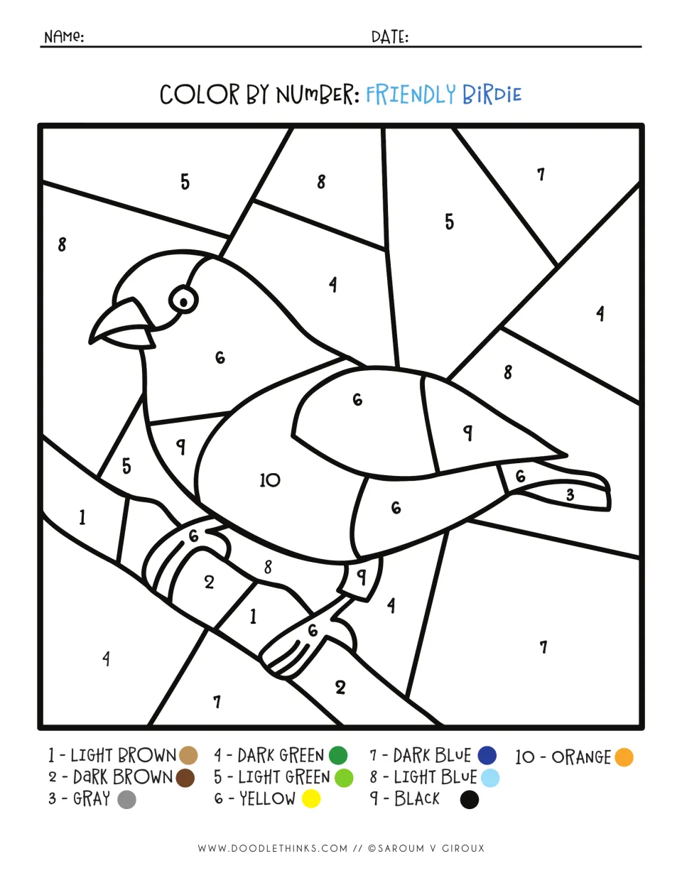Friendly Birdie: students read numbers 1 to 10 and use the key, from light brown to orange, to color a bird on a branch