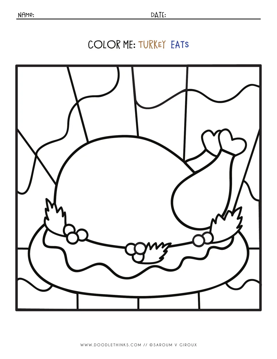 Color Me: Turkey Eats outline of a roast turkey on a platter with no numbers, so students choose their own colors