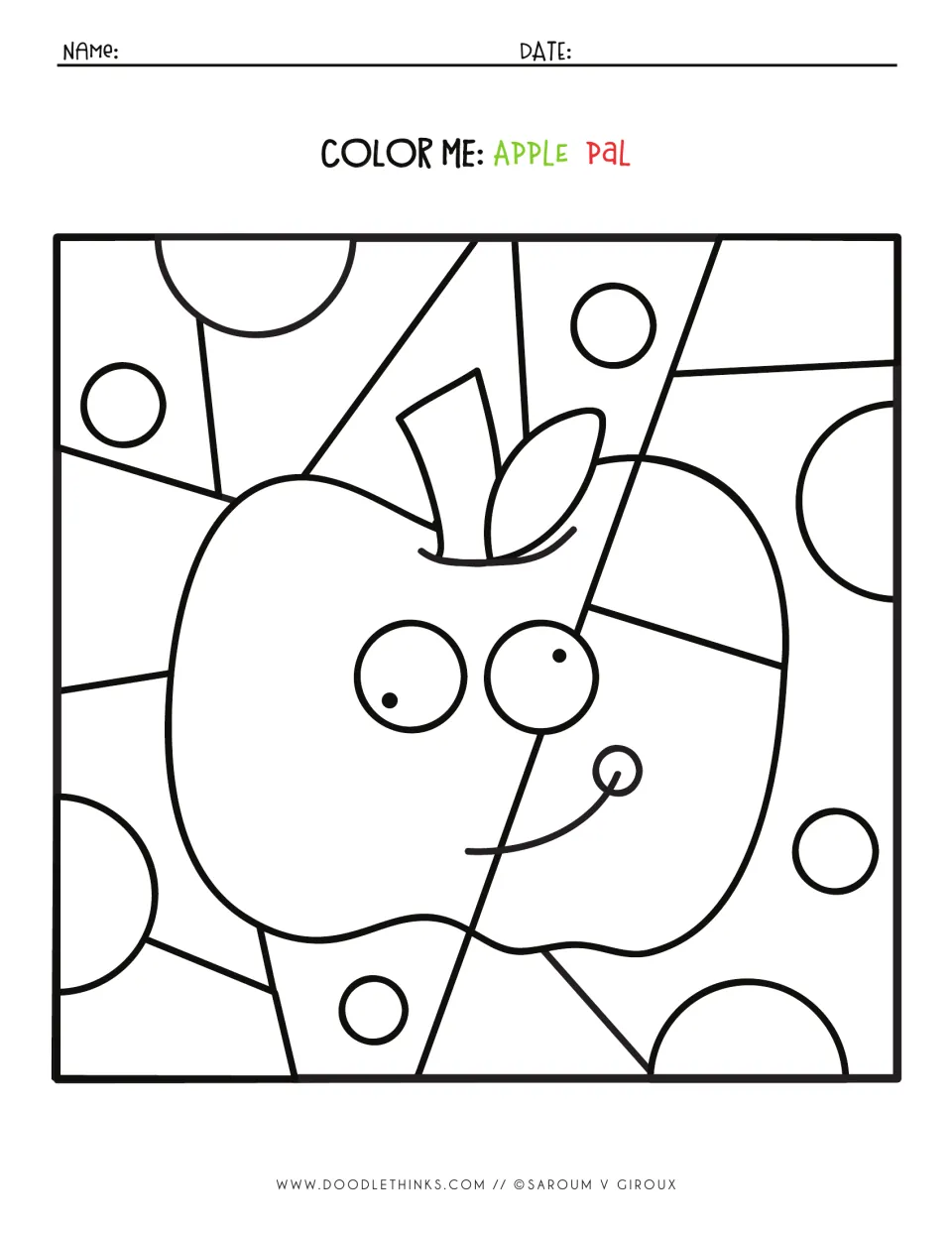 Color Me: Apple Pal outline of a smiling apple with circles behind it and no numbers, for coloring in any colors