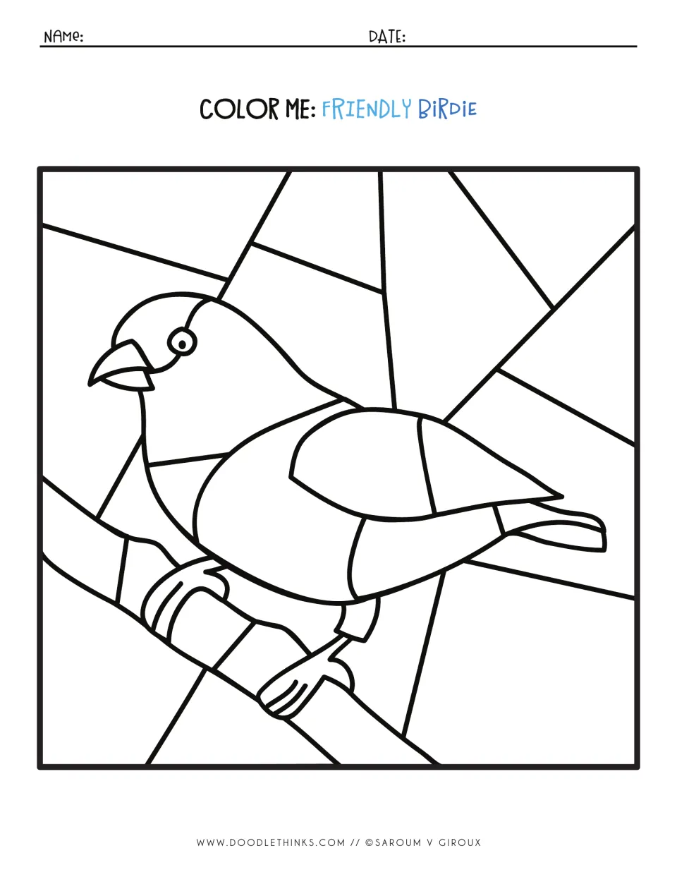 Color Me: Friendly Birdie outline of a bird perched on a branch with no numbers, letting students pick every color