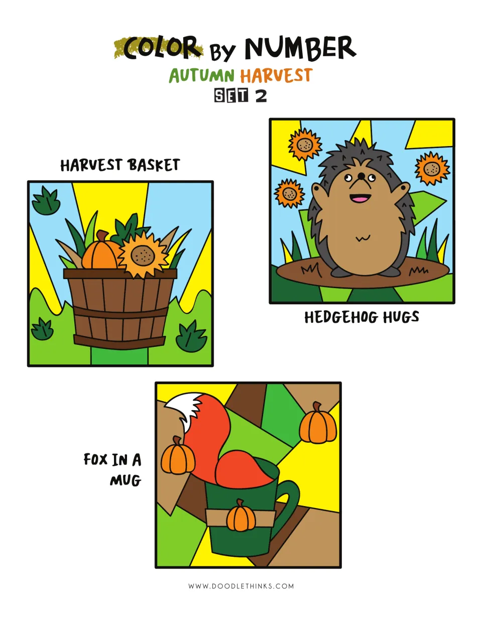 Color by Number Autumn Harvest Set 2 cover showing colored Harvest Basket, Hedgehog Hugs and Fox in a Mug pictures