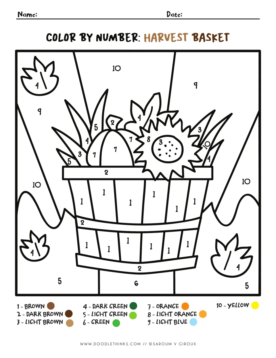 Harvest Basket color by number: students match numbers 1-10 to a color key to color a pumpkin and sunflower in a basket