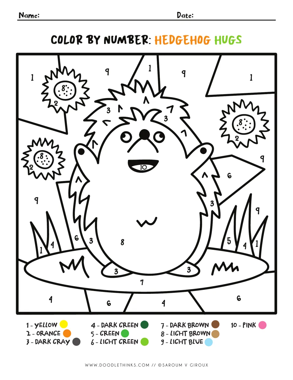 Hedgehog Hugs color by number: students use a 10-color key to color a smiling hedgehog among sunflowers and grass