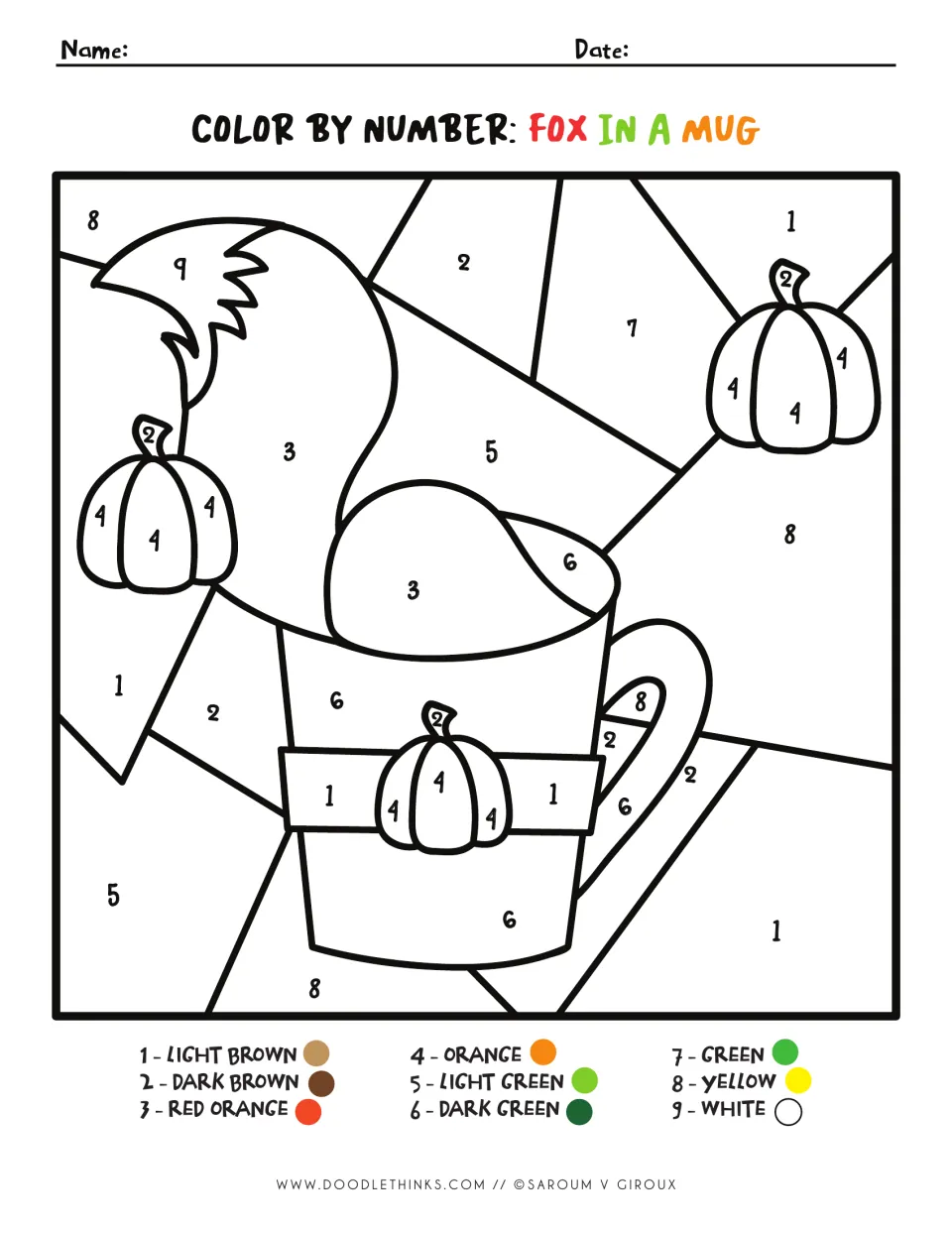 Fox in a Mug color by number: students follow a 9-color key to color a fox curled in a mug with pumpkins around it