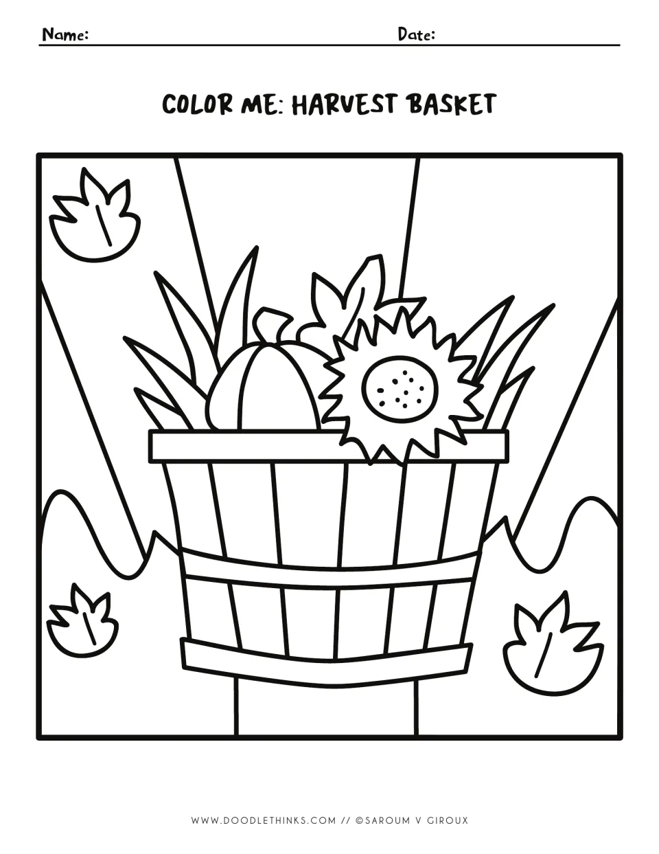 Color Me: Harvest Basket, an unnumbered outline of a basket holding a pumpkin, sunflower and leaves for free coloring