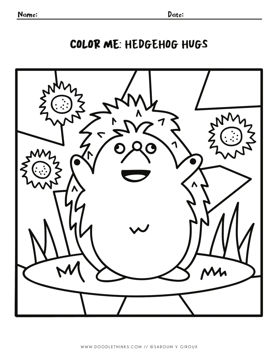 Color Me: Hedgehog Hugs, an unnumbered outline of a cheerful hedgehog with raised arms and sunflowers for free coloring