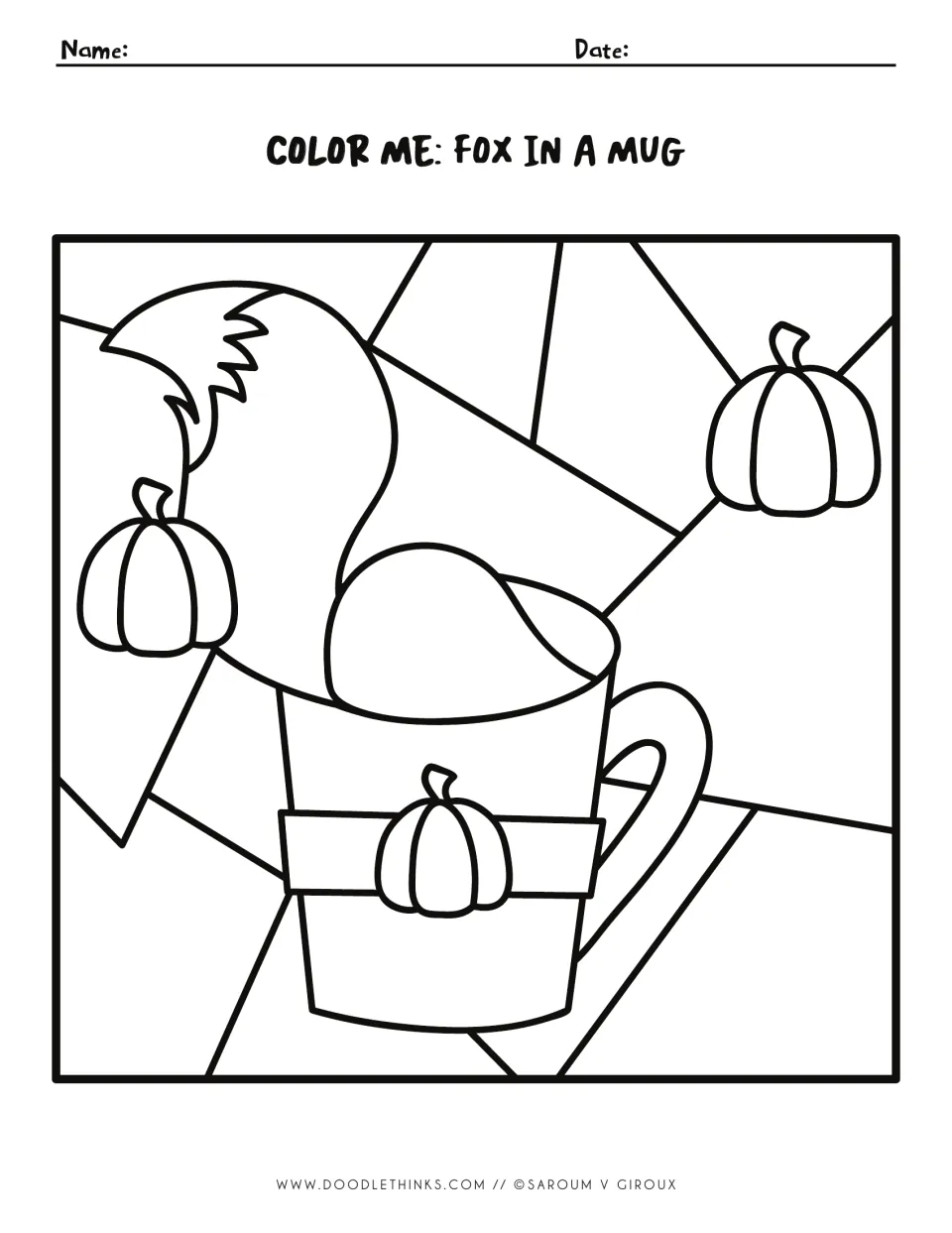 Color Me: Fox in a Mug, an unnumbered outline of a fox tucked inside a pumpkin mug with two pumpkins for free coloring