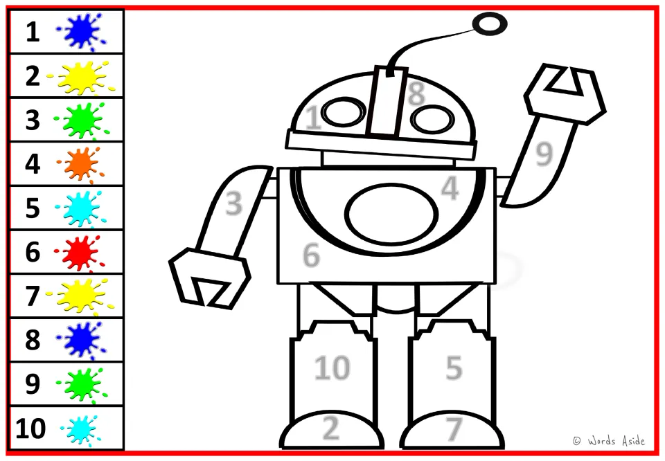 Robot color-by-number sheet: waving robot numbered 1–10, with 9 on its raised arm and a color key.