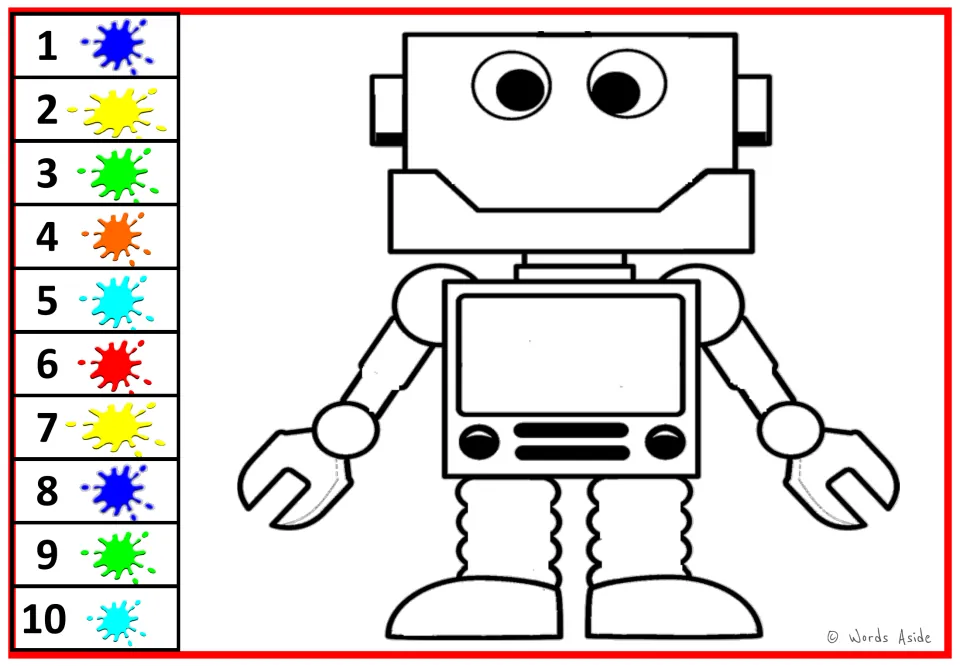 Customizable robot coloring sheet: rectangular-headed robot without numbers, beside a 1–10 color key.