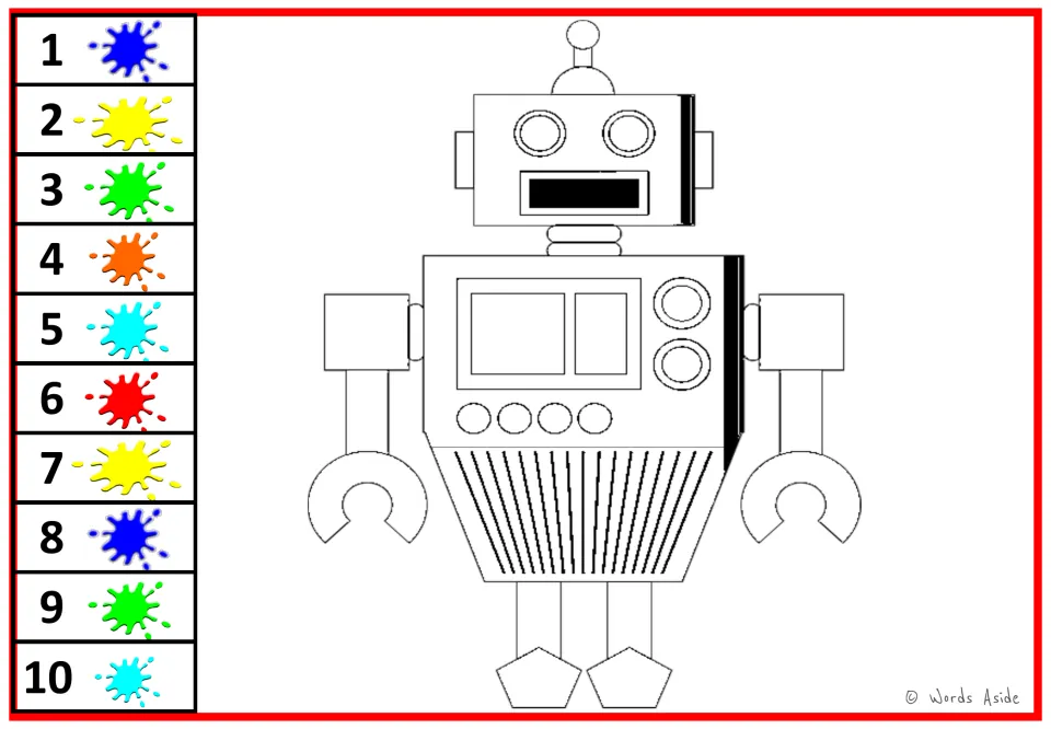 Customizable robot coloring sheet: antenna robot without body-part numbers, beside a 1–10 color key.