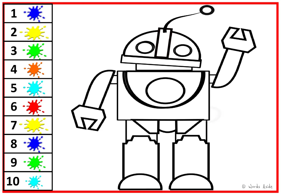 Customizable robot coloring sheet: waving robot without body-part numbers, beside a 1–10 color key.