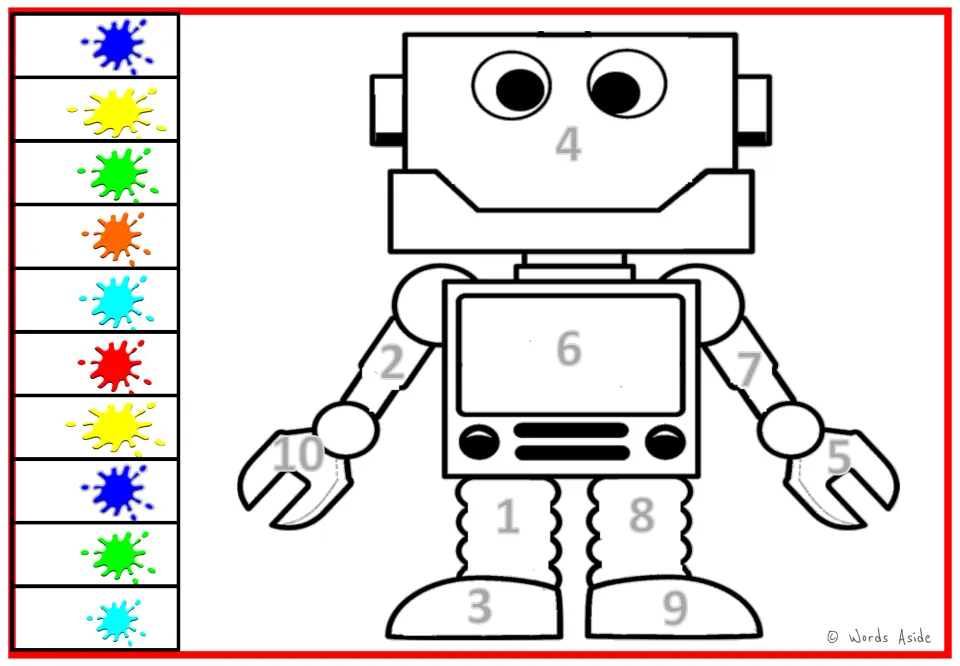Customizable color-by-number sheet: rectangular-headed robot numbered 1–10, with color-key numbers blank.