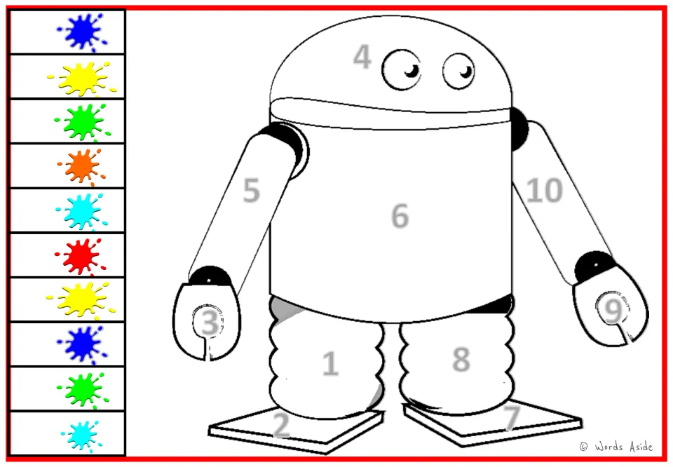 Customizable color-by-number sheet: dome-headed robot numbered 1–10, with color-key numbers left blank.